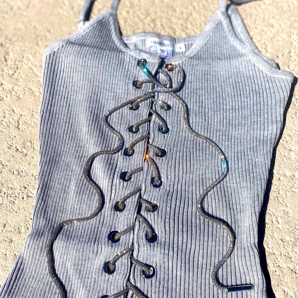 Gray Rhinestone String Shorts Romper - Picture 4 of 5